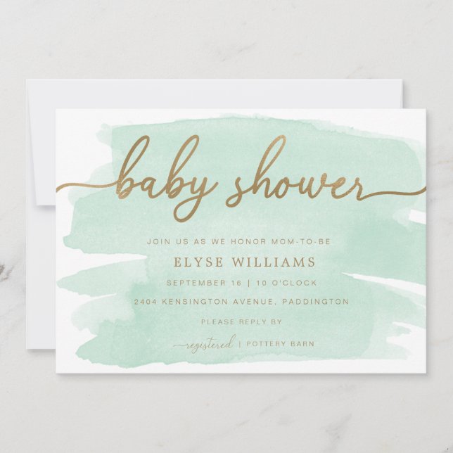 Mint Green Watercolor Gold Baby Dusche Einladung (Vorderseite)