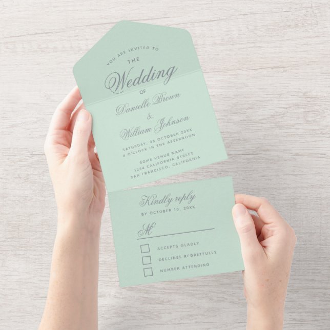 Mint Green Wedding Elegante Calligraphy Script UAW All In One Einladung (Abreißen)