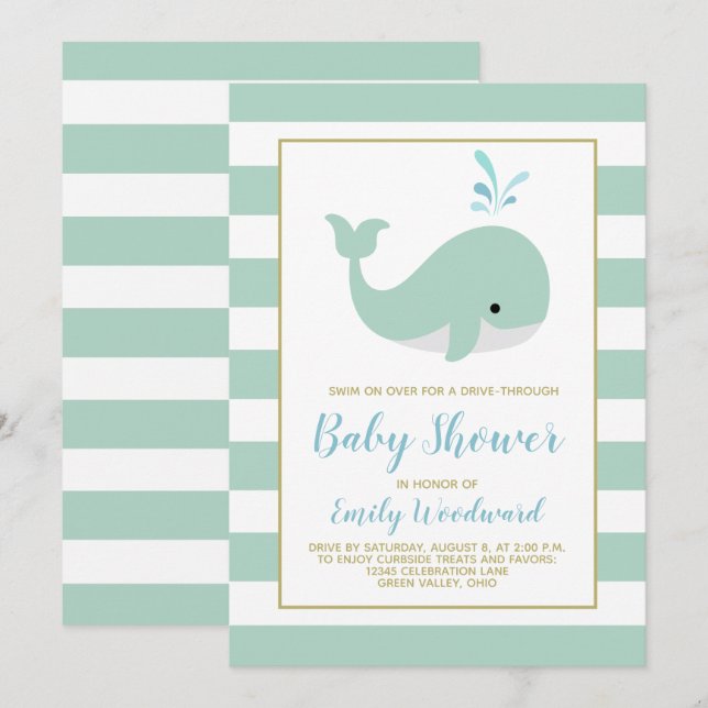 Mint Green Whale Drive-By Baby Dusche Einladung (Vorne/Hinten)