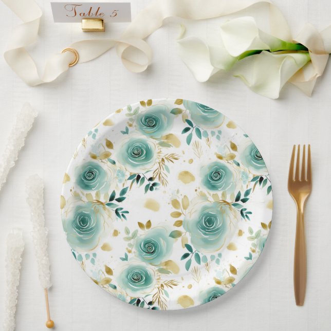 Mint Green White Gold Rose Blumenmuster Brautparty Pappteller (Hochzeit)