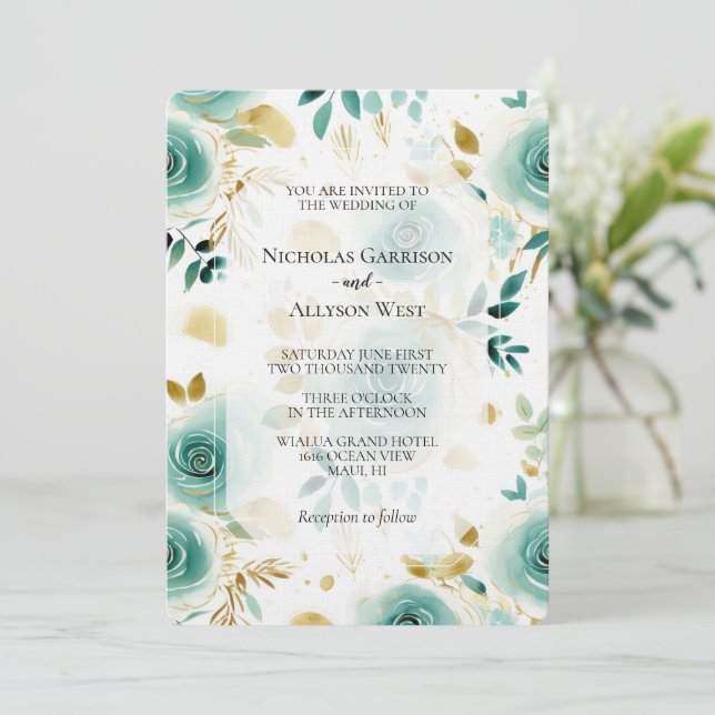Mint Green White Gold Rose Hochzeit Einladung (Stehend Vorderseite)