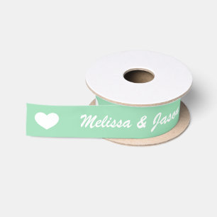 Mint Green & White Hearts & Wedding Couple Names Satinband