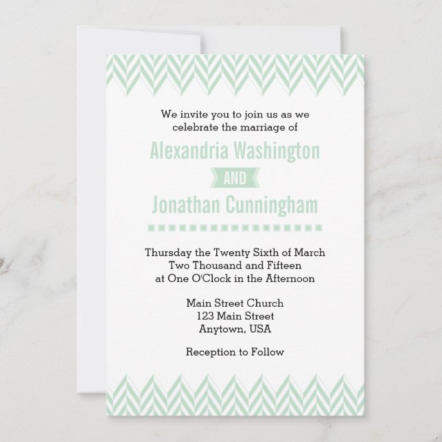 Mint Green White Herringbone Hochzeitseinladung Einladung (Vorderseite)