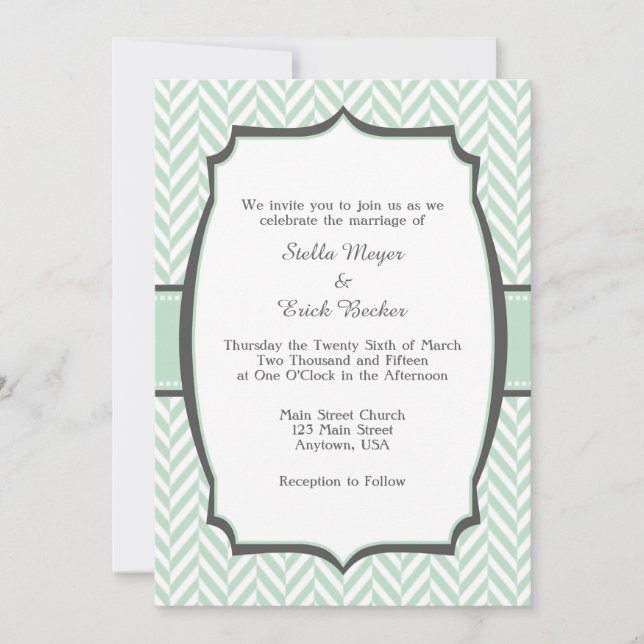 Mint Green White Herringbone Hochzeitseinladung Einladung (Vorderseite)