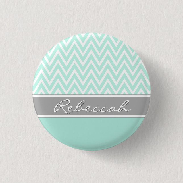 Mint Green White Zickzack Zigzag Muster Grau Name Button (Vorderseite)
