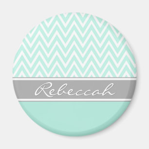 Mint Green White Zickzack Zigzag Muster Grau Name Magnet