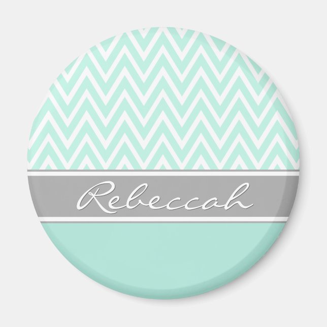 Mint Green White Zickzack Zigzag Muster Grau Name Magnet (Vorne)
