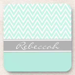 Mint Green White Zickzack Zigzag Muster Grau Name Untersetzer