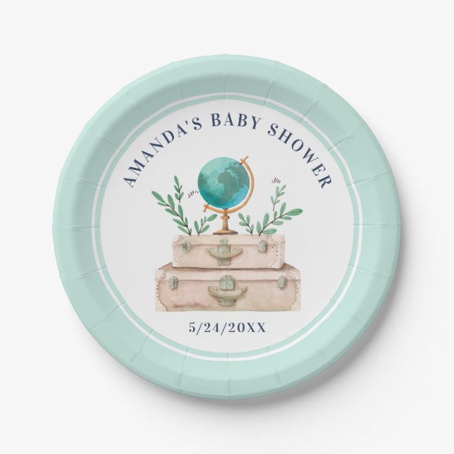 Mint Green World Travel Suitcases Baby Shower Papa Pappteller (Vorderseite)