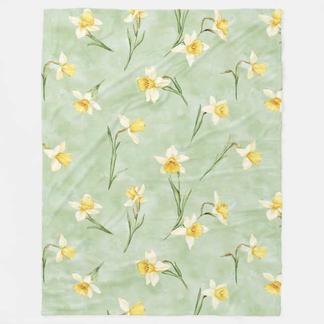 Mint Green Yellow Daffodil Flowers Fleecedecke (Vorderseite)