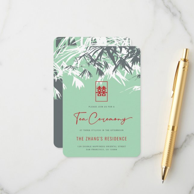 Mint Green Zen Bamboo Verlasse chinesische Teezere Begleitkarte (Vorderseite/Rückseite Beispiel)