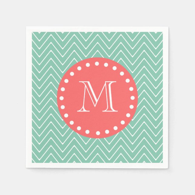 Mint Green Zickzack Pattern | Korallenmonogramm Serviette (Vorderseite)