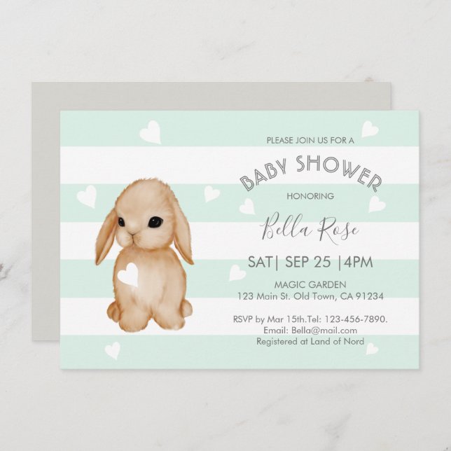 Mint Grey Bunny Baby Shower Invitations (Devant / Derrière)