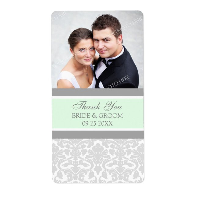 Mint Grey Damask Photo Mariage Étiquettes (Devant)