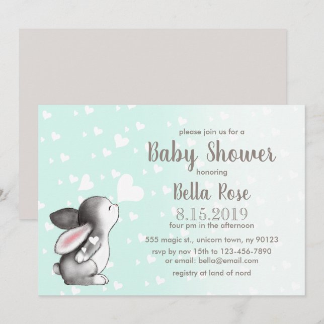 Mint Grey Hearts Bunny Baby Shower Invitations (Devant / Derrière)