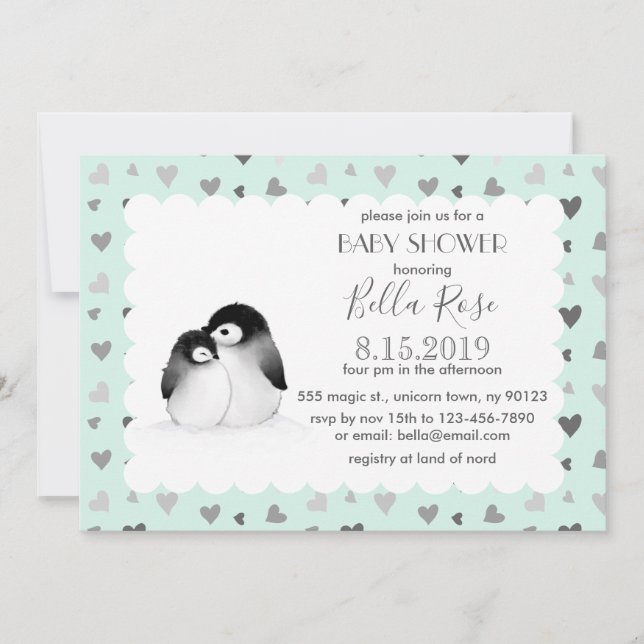 Mint Grey Hearts Penguins Baby Shower Invitations (Devant)