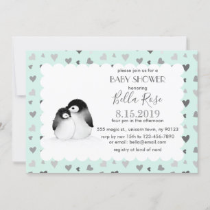 Mint Grey Hearts Penguins Baby Shower Invitations