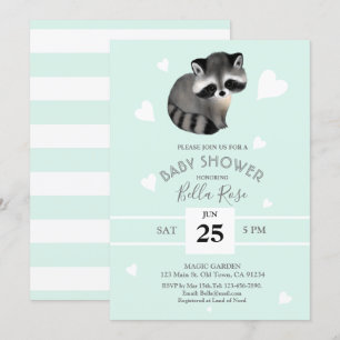 Mint Grey Raccoon Baby Shower Invitations