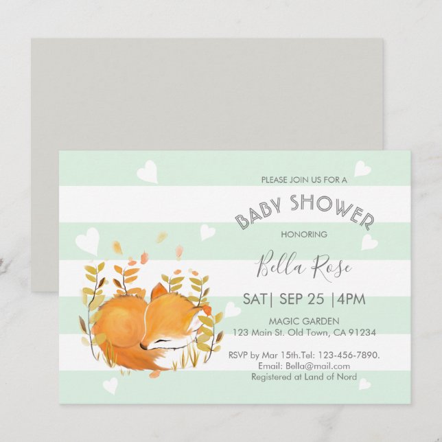 Mint Grey Woodland Fox Baby Shower Invitations (Devant / Derrière)