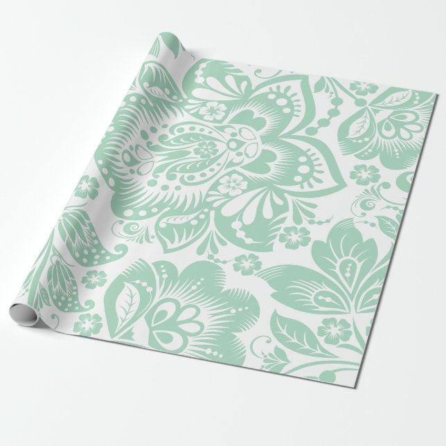 Mint grün barocke florale Damasken auf Weiß Nr. 2 Geschenkpapier (Ungerollt)