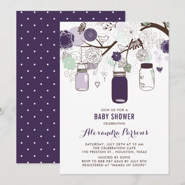 Mint Hanging Mason Jars Floral Baby Dusche Einladung (Vorne/Hinten)
