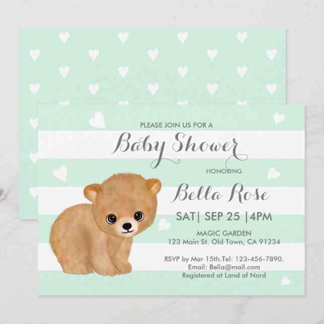 Mint Heart Bear Baby Shower Einladungen (Vorne/Hinten)