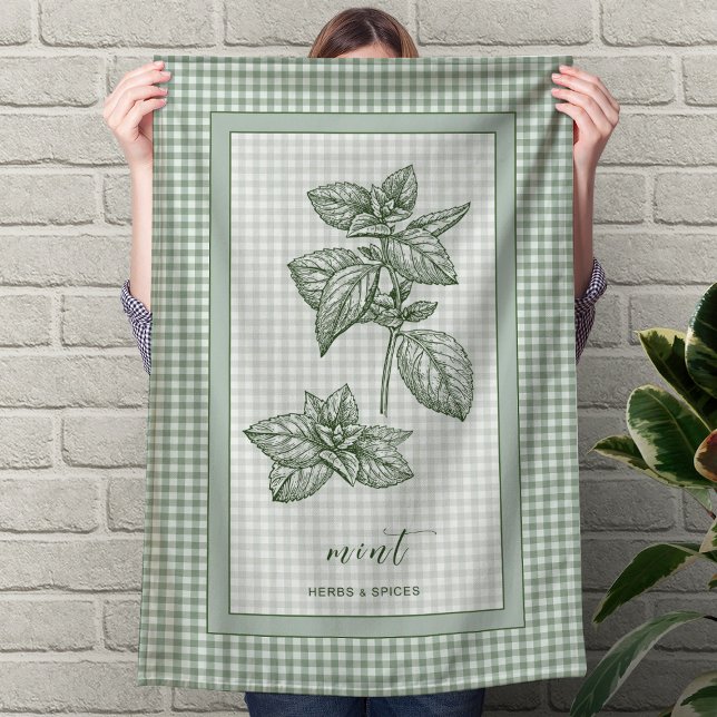 Mint Herb Kitchen Towel – Green Gingham Border Geschirrtuch (Mint Herb Kitchen Towel – Green Gingham Border)