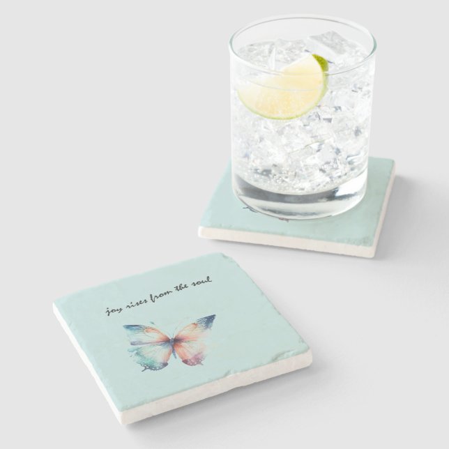 Mint Joy erhebt sich vom Soul Butterfly Steinuntersetzer (Seitenansicht)