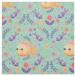 Mint Kawaii Goldfish Sea Garden Muster Stoff