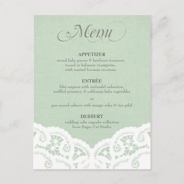 Mint Lace Doily Wedding Menu Postkarte (Vorderseite)
