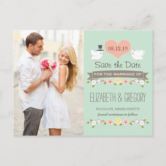 MINT LIEBE VÖGEL SAVE THE DATE ANKÜNDIGUNGSPOSTKARTE (Vorderseite)