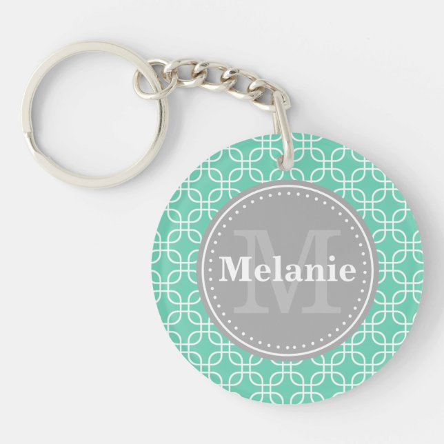 Mint Modern Squares Muster Grau Monogramm Schlüsselanhänger (Vorderseite)
