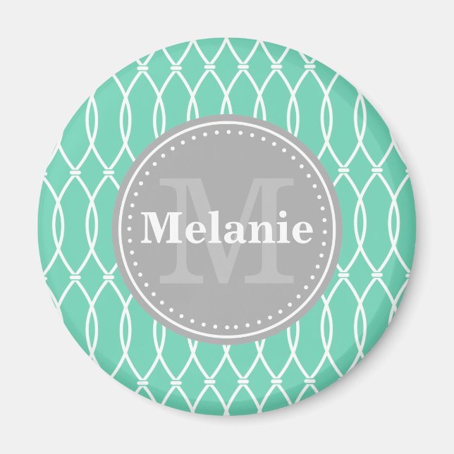 Mint Modernes Gittermuster Grau Monogramm Magnet (Vorne)