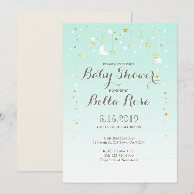Mint Moon Star Genre Neutre Baby shower Invitation (Devant / Derrière)