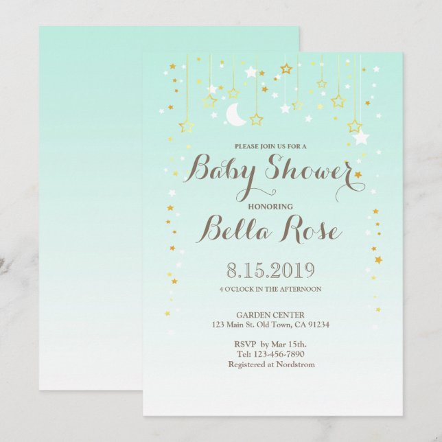 Mint Moon Star Genre Neutre Baby shower Invitation (Devant / Derrière)