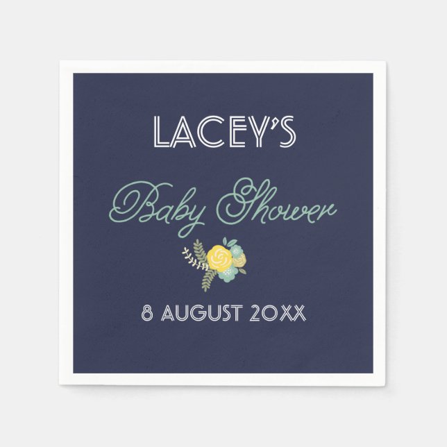 Mint & Navy Floral Bouquet Babydusche Napkins Serviette (Vorderseite)