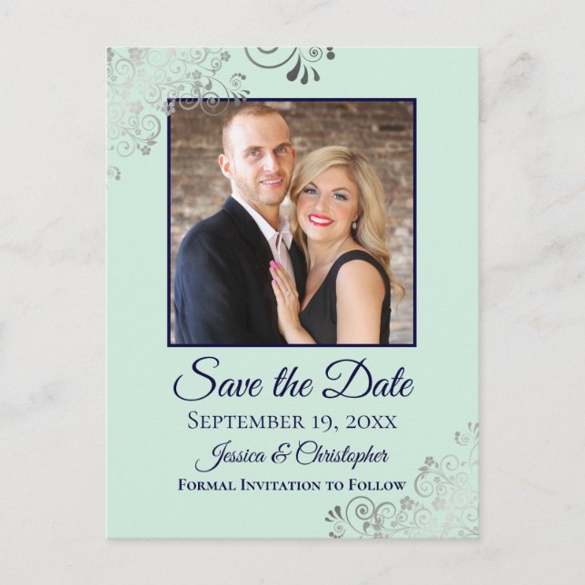 Mint & Navy Frilly Wedding Save the Date Foto Ankündigungspostkarte (Vorderseite)