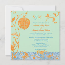 Mint & Orange Love Birds Hochzeit Einladung