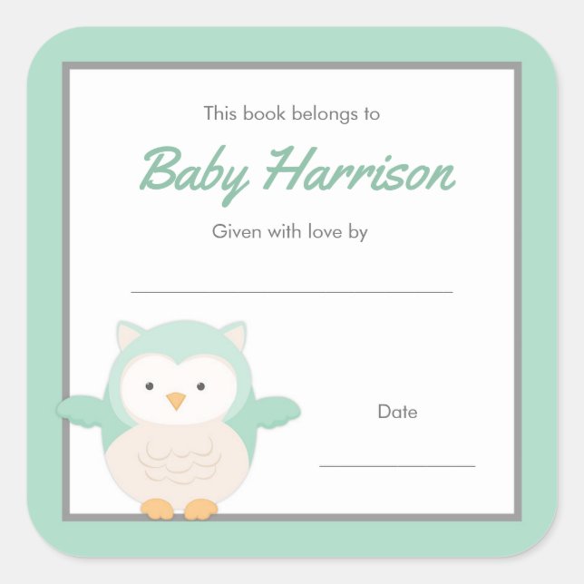 Mint Owl Baby Dusche Buchzeichen, neutrales Buch Quadratischer Aufkleber (Vorderseite)