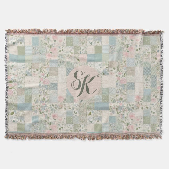 Mint Patchwork Monogramm Decke (Vorderseite)
