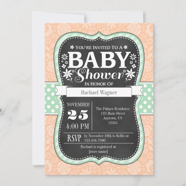 Mint Peach Chalkboard Floral Baby Dusche laden Einladung (Vorderseite)