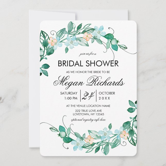 Mint Peach Floral Wreath Bridal Dusche Einladung (Vorderseite)