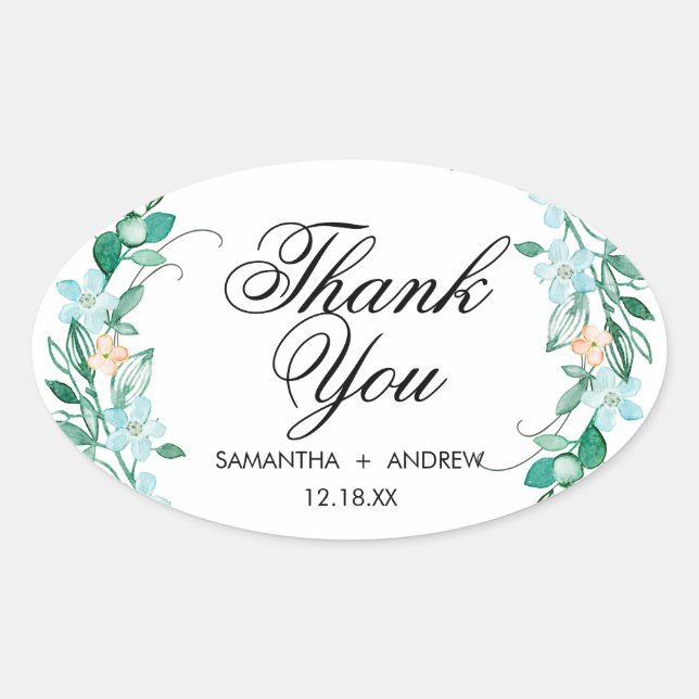 Mint & Peach Floral Wreath Wedding Vielen Dank Ovaler Aufkleber (Vorderseite)