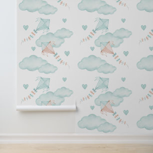 Mint Peach Kites Clouds Hearts Baby Girl Kinderzim Tapete