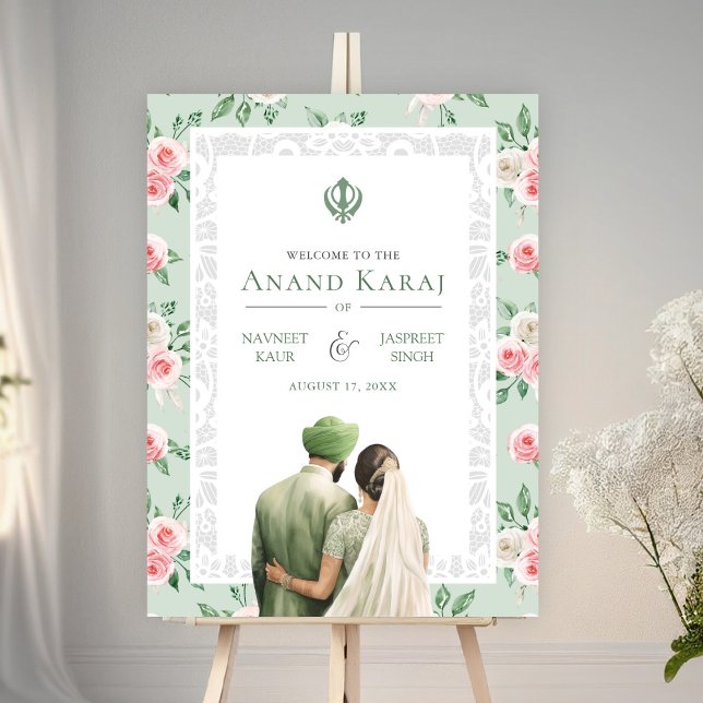 Mint Pink Floral Anand Karaj Wedding Begrüßungszei Poster (Von Creator hochgeladen)