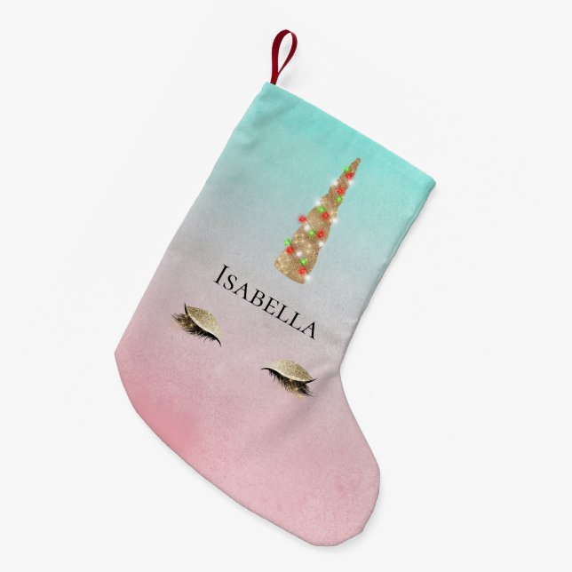 Mint Pink Gold Sparkle Glam Einhornleuchten Kleiner Weihnachtsstrumpf (Vorderansicht (hängend))