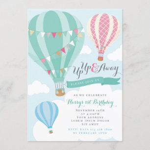 Mint & Pink Hot Air Ballon Geburtstag Einladung