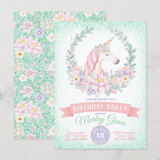 Mint Pink Niedlich Einhorn Geburtstagsparty Einlad Einladung