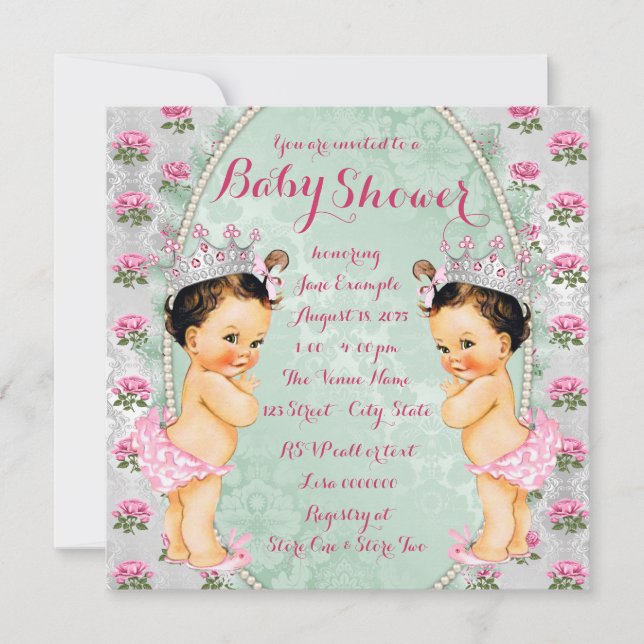Mint Pink Rose Twin Girl Babydusche Einladungen (Vorderseite)