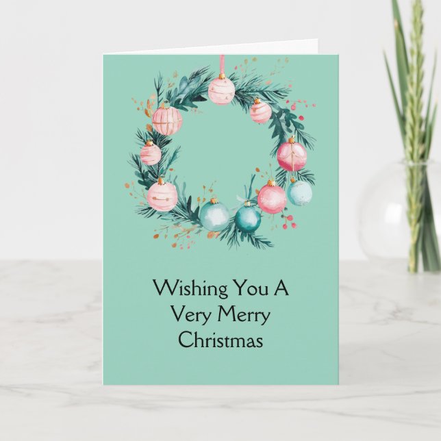 Mint Pink Weihnachtsschmuck Kranz Karte (Vorderseite)